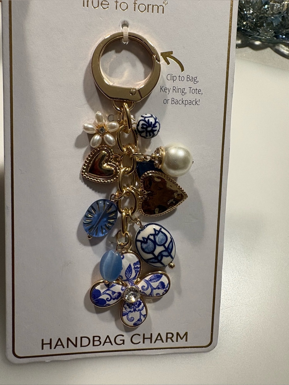True to Form Blue & Gold Floral Handbag Charm Keychain